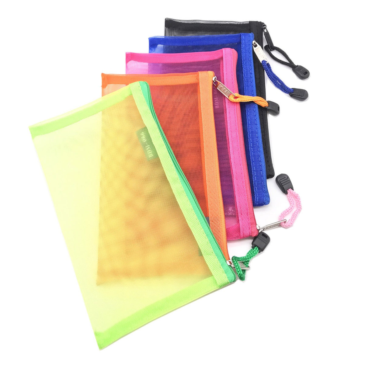 Outman front view of five nylon mesh zipper pouches showing compact set and portability