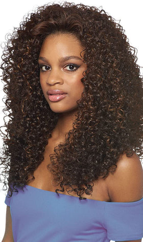 Outre half wig front view showing full curly volume and instant styling benefit