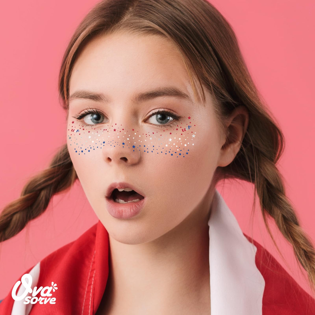 Ovasorve star tattoos applied on cheek demonstrating contour fit and festive enhancement
