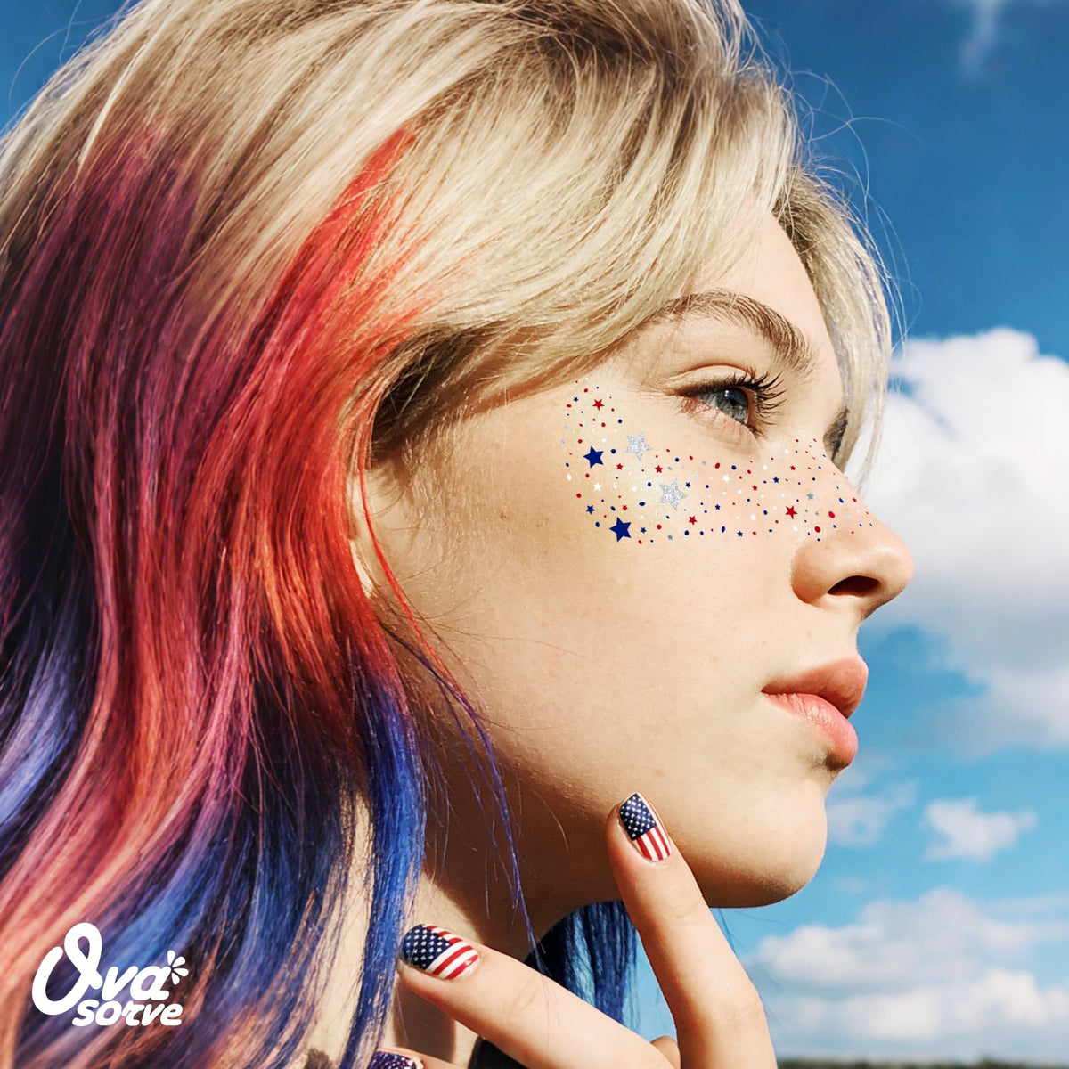 Ovasorve stars applied on model cheeks highlighting brand and quick festive look