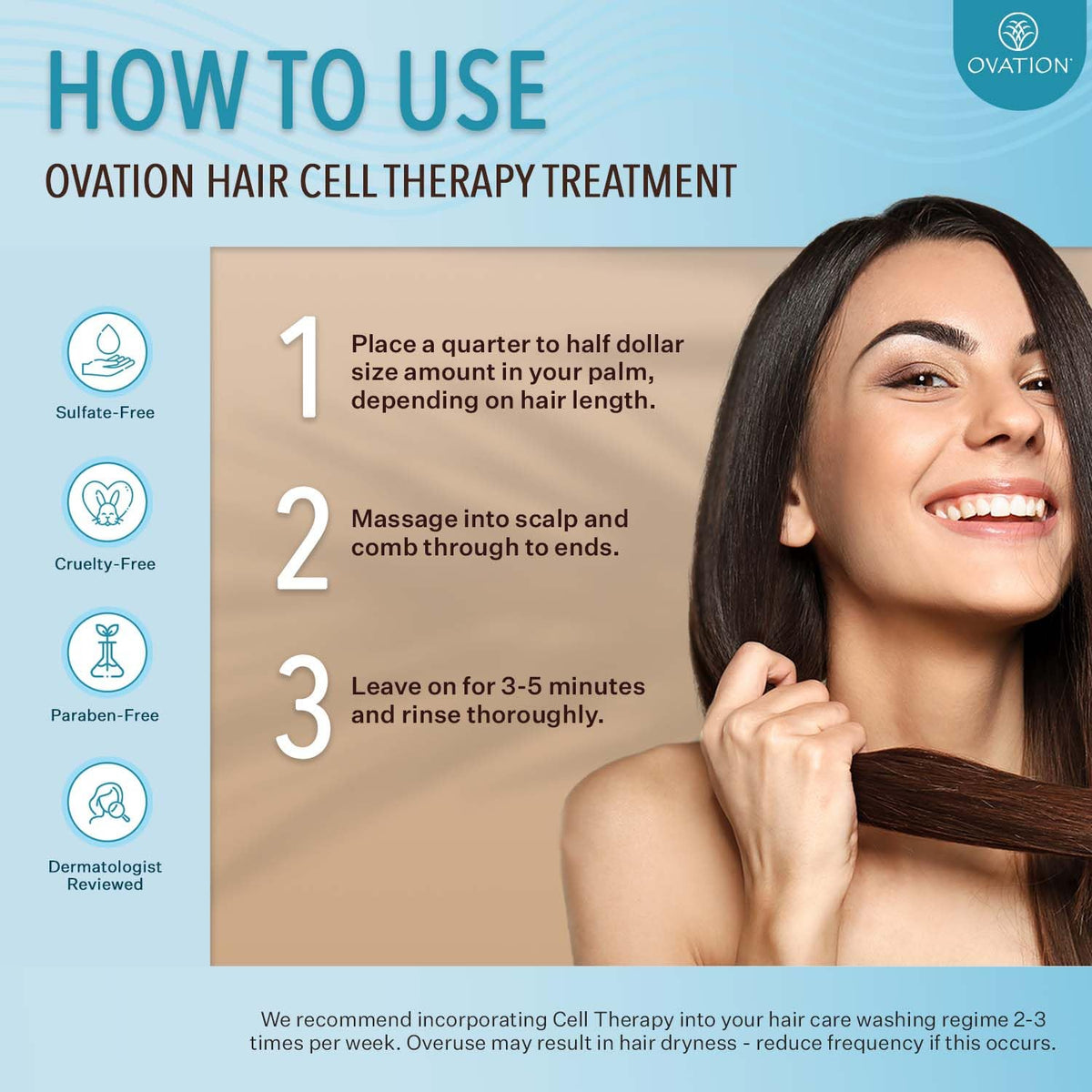 Ovation Hair being applied to damp hair to strengthen strands and reduce breakage
