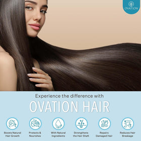 Ovation Hair ingredients display with biotin and keratin for stronger hair