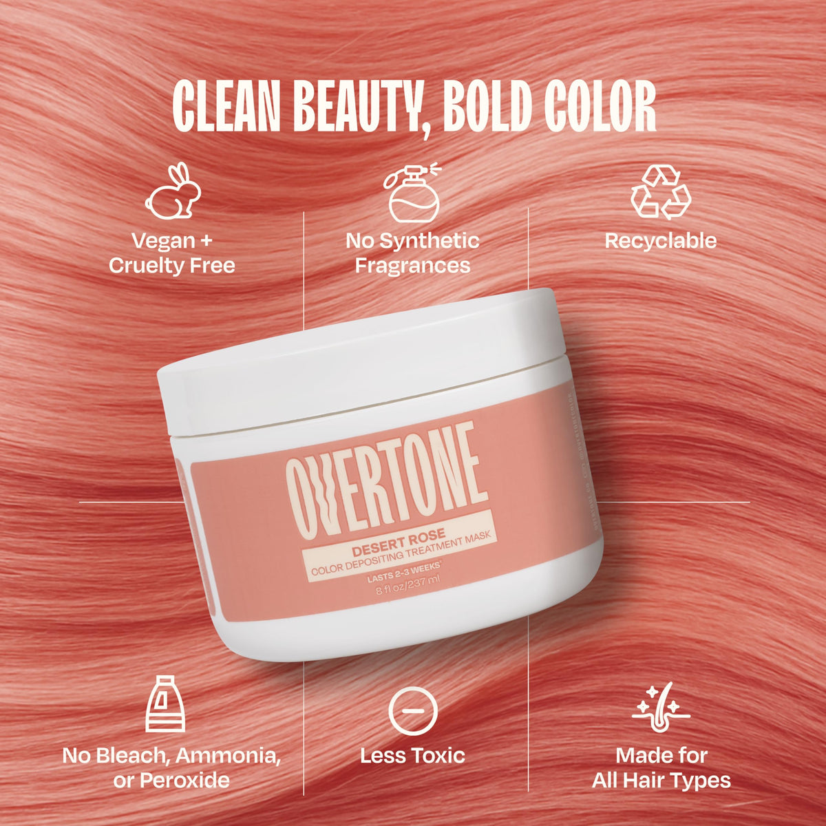 oVertone before-and-after hair swatches showing Desert Rose color deposit result