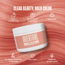 oVertone before-and-after hair swatches showing Desert Rose color deposit result