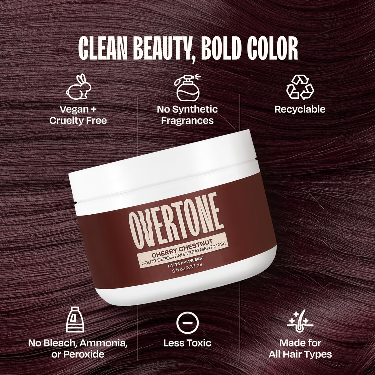 oVertone before and after strands showing visible Cherry Chestnut tone and healthy shine