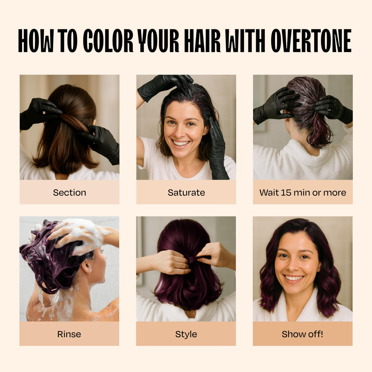 oVertone color swatches on strand cards showing Cherry Chestnut results on different bases
