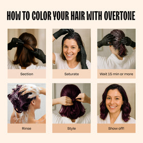 oVertone color swatches on strand cards showing Cherry Chestnut results on different bases