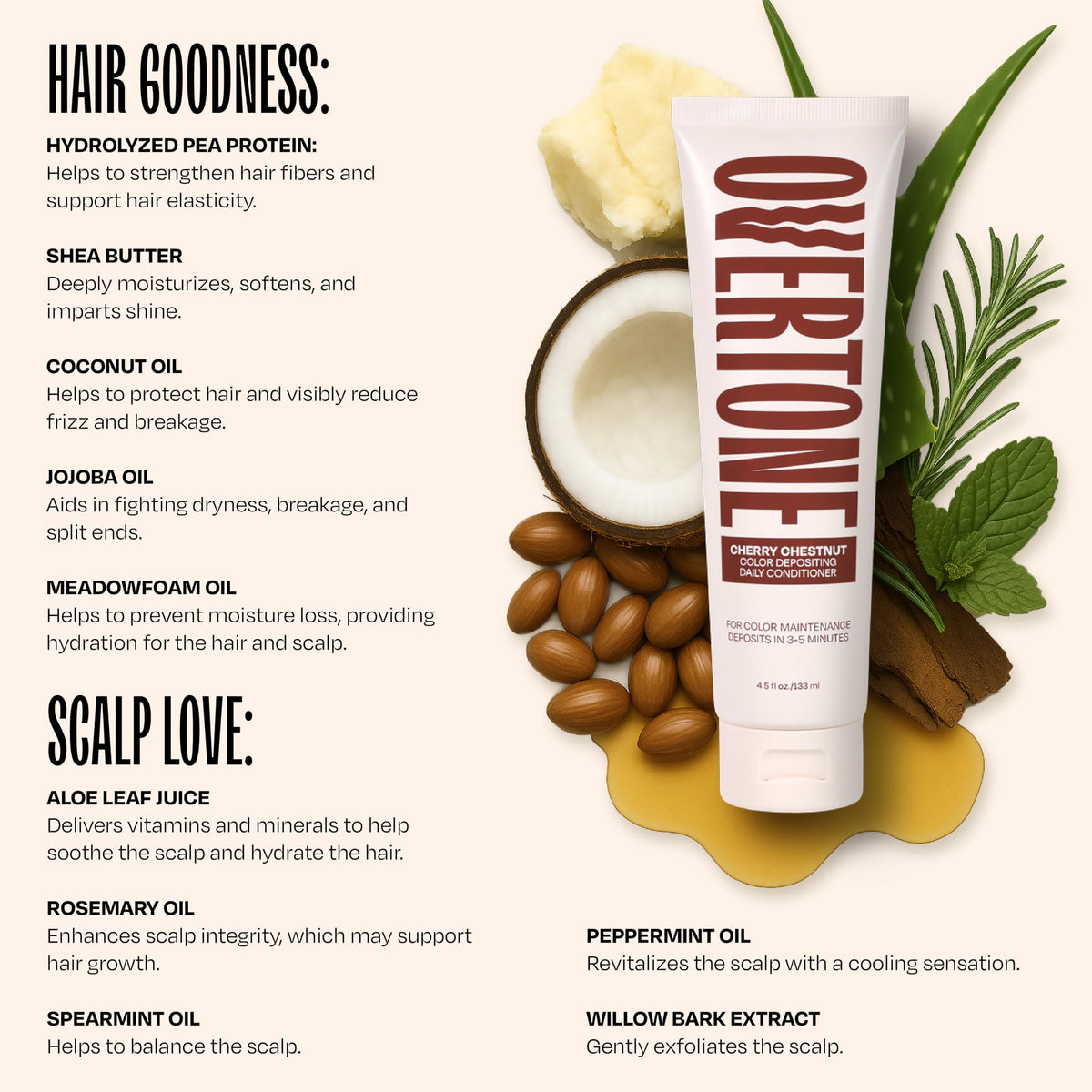 oVertone ingredient display with coconut, jojoba, and shea oils