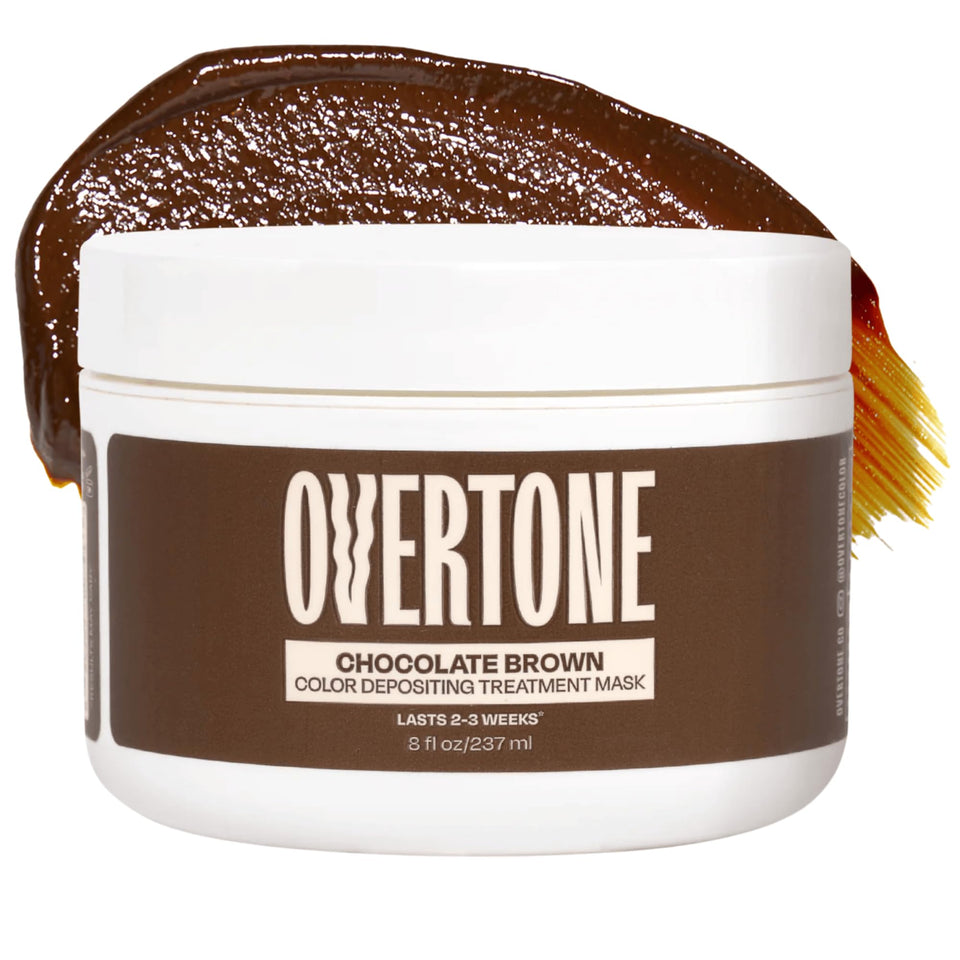 oVertone front packaging of chocolate brown conditioner showing product and brand benefits