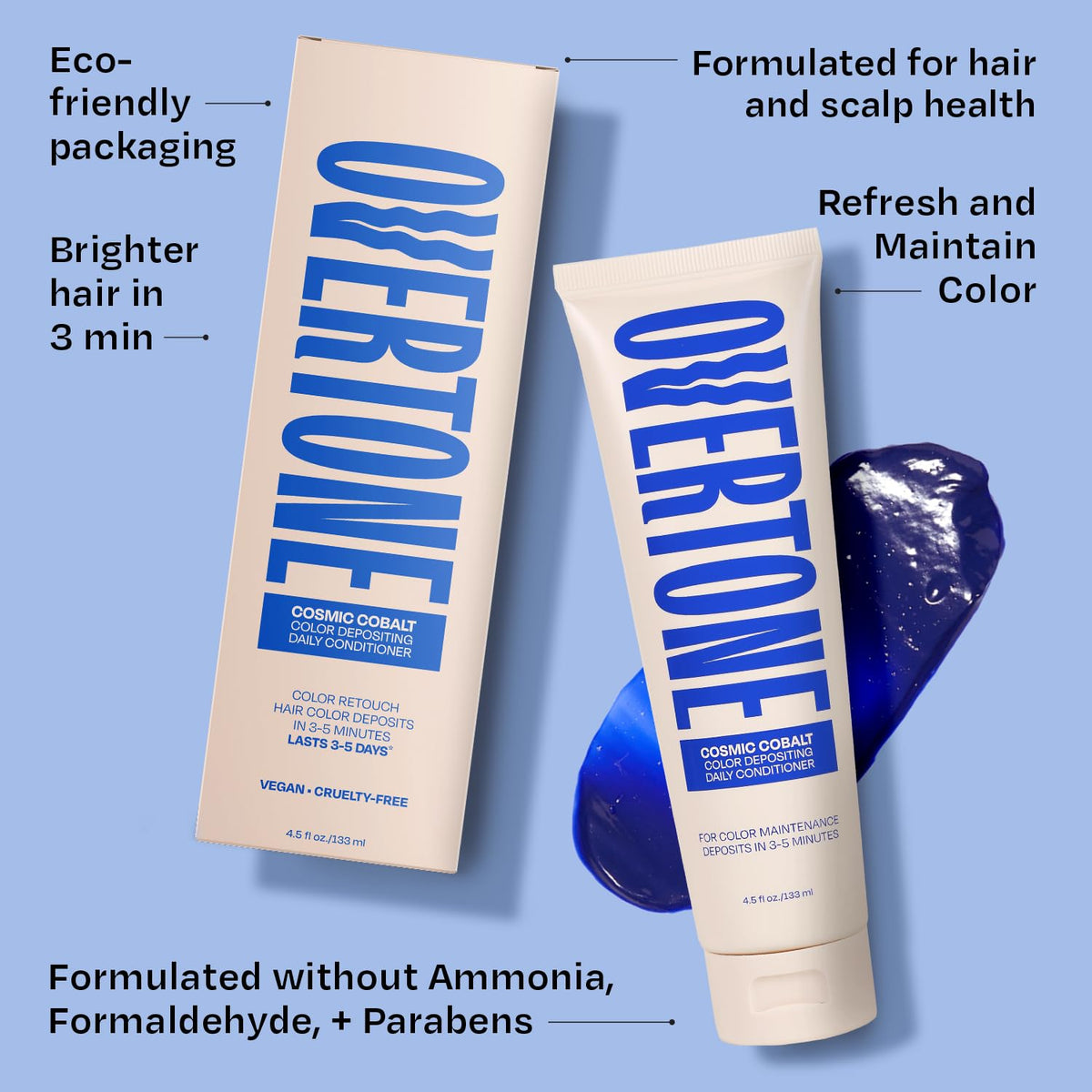 oVertone bottle label and ingredient list, emphasizes moisturizing oils and clean formula