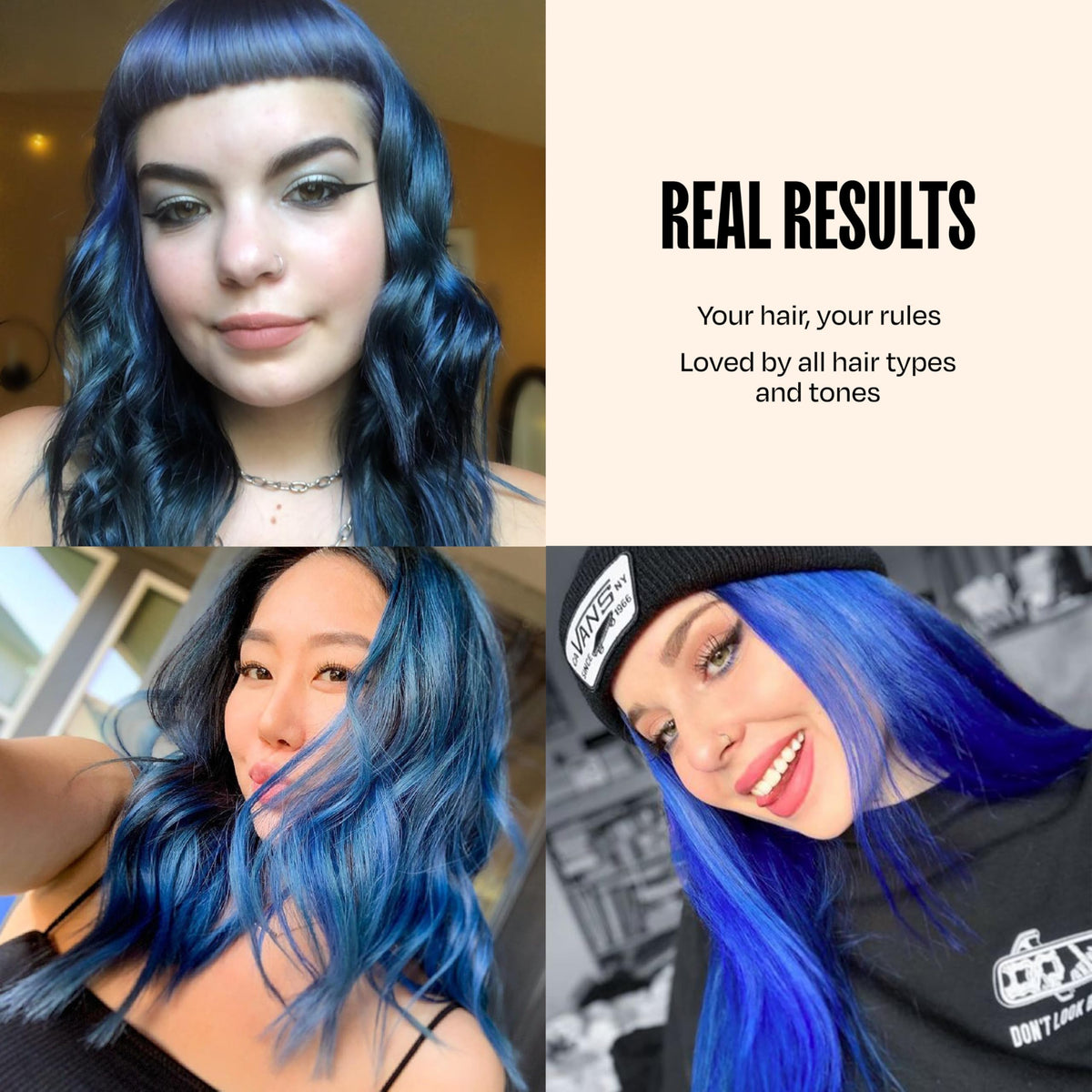 oVertone on curly hair lifestyle image showing vibrant blue tone and defined curls