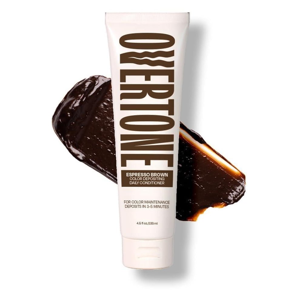 oVertone bottle front packaging showing Espresso Brown and benefits