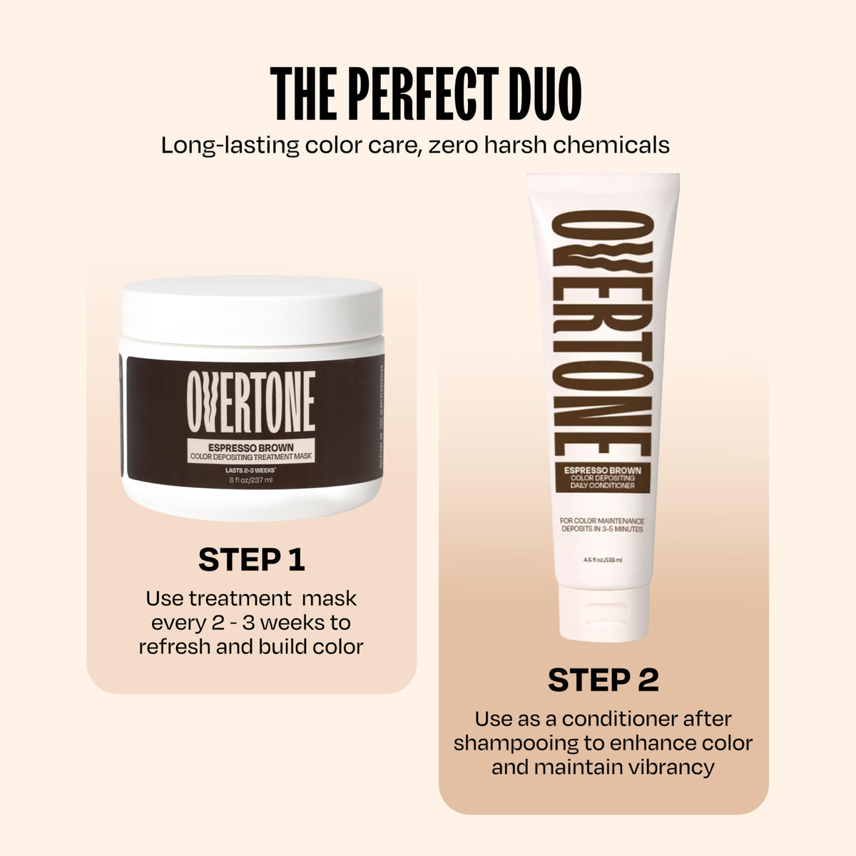 oVertone Espresso Brown swatch on hair strand showing true color payoff and realistic preview