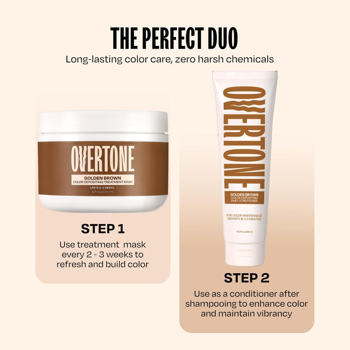 oVertone color swatch on hair strand illustrating warm brown payoff