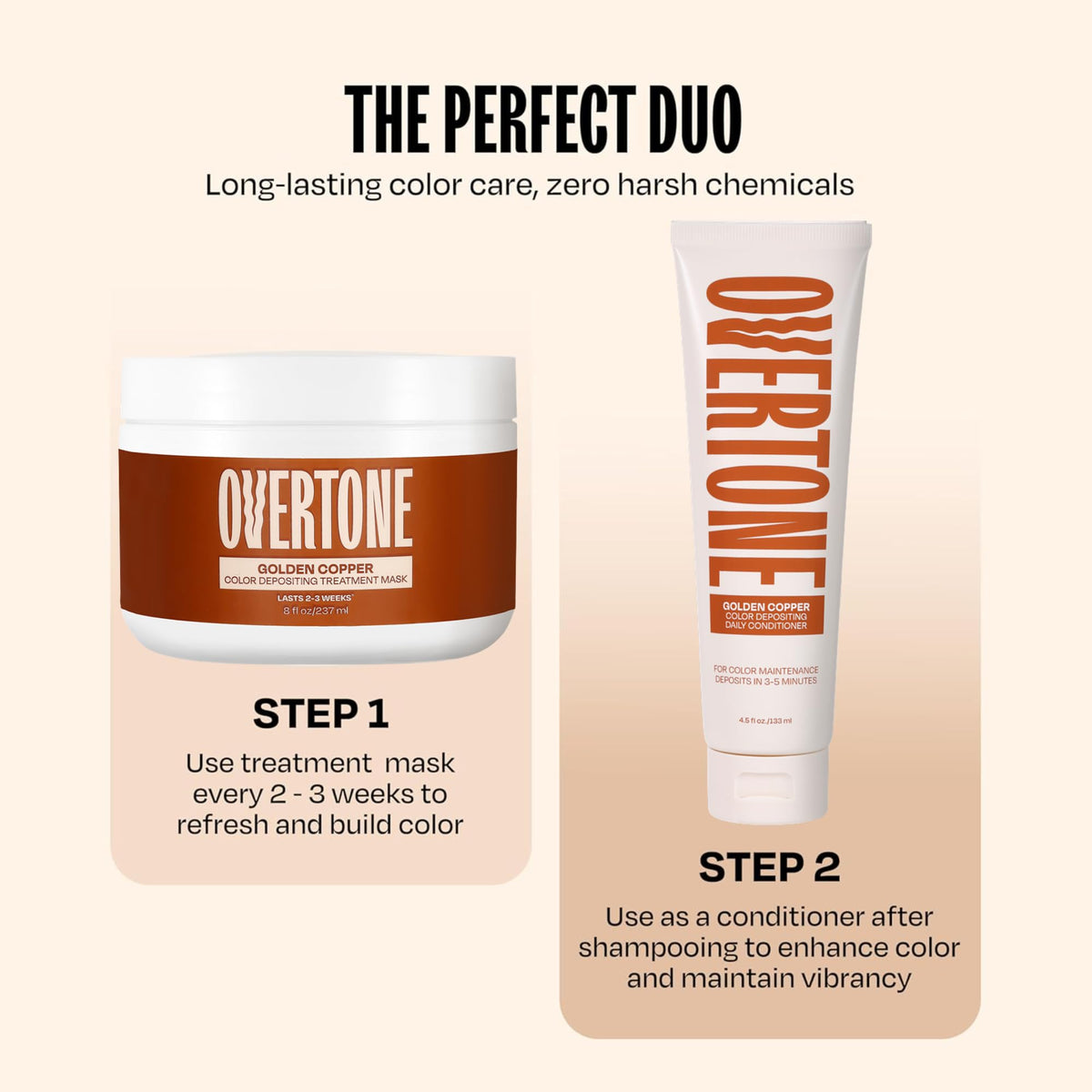 oVertone applying mask to dry hair demonstrating easy 10–15 minute at-home use
