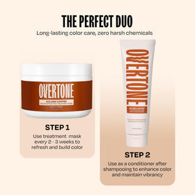 oVertone applying mask to dry hair demonstrating easy 10–15 minute at-home use