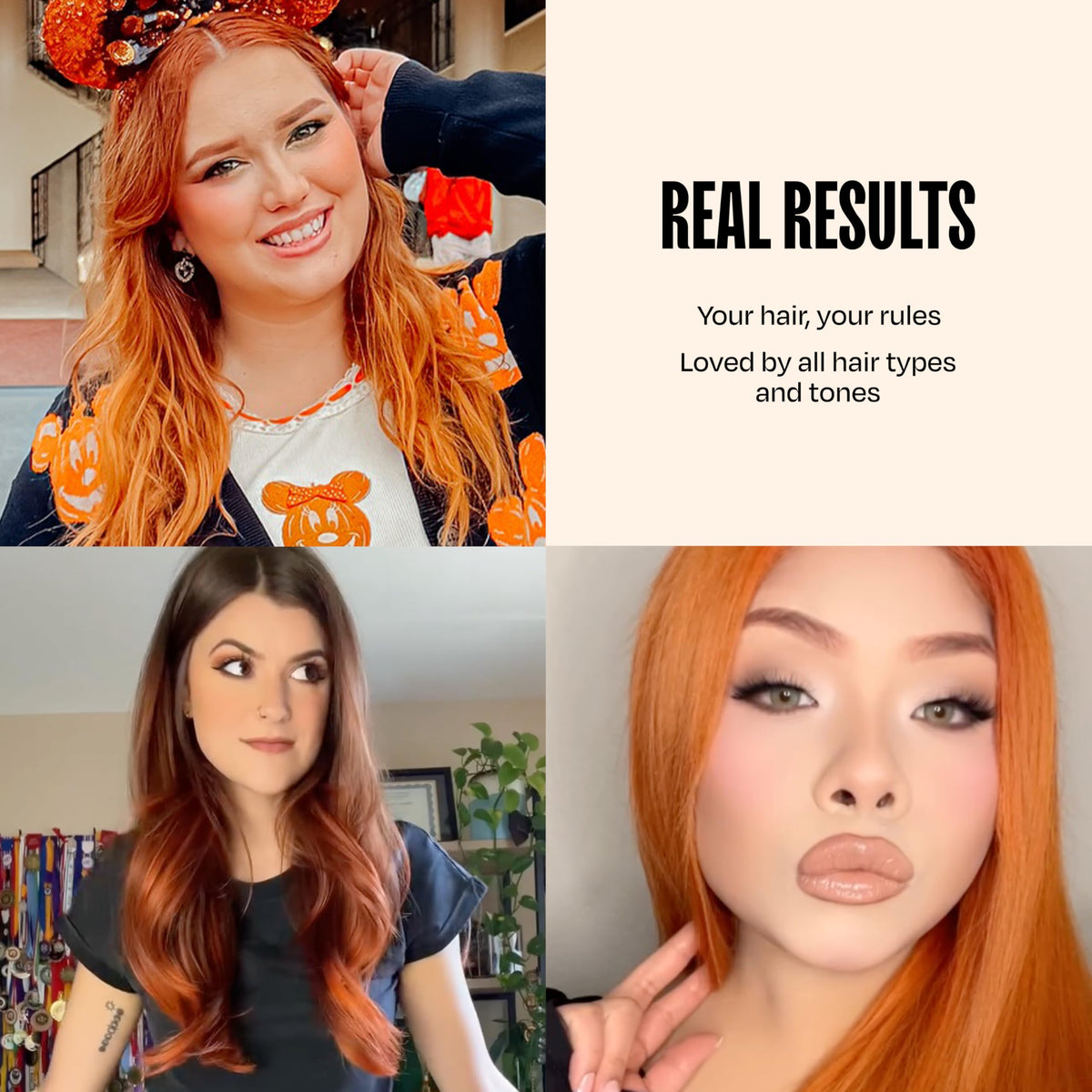 oVertone lifestyle shot of woman with copper hair showing vibrant, salon-like finish