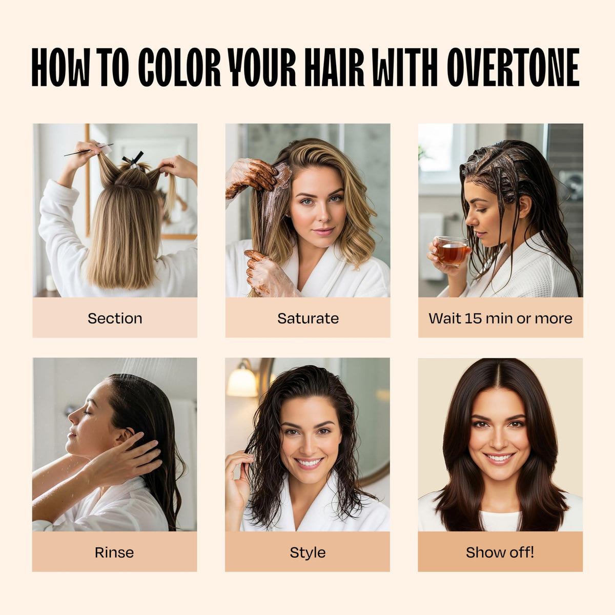 oVertone lifestyle model in cafe with glossy espresso brown hair showing wearable color