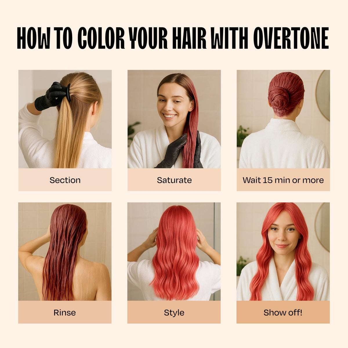 oVertone lifestyle shot model with Desert Rose tint showing glossy, conditioned hair