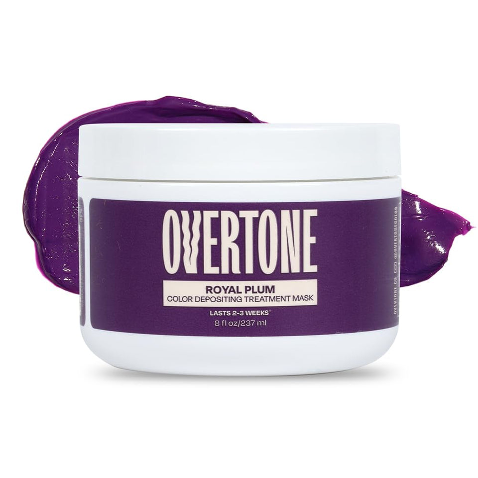 oVertone tub front view showing royal plum color and label, highlights product benefit