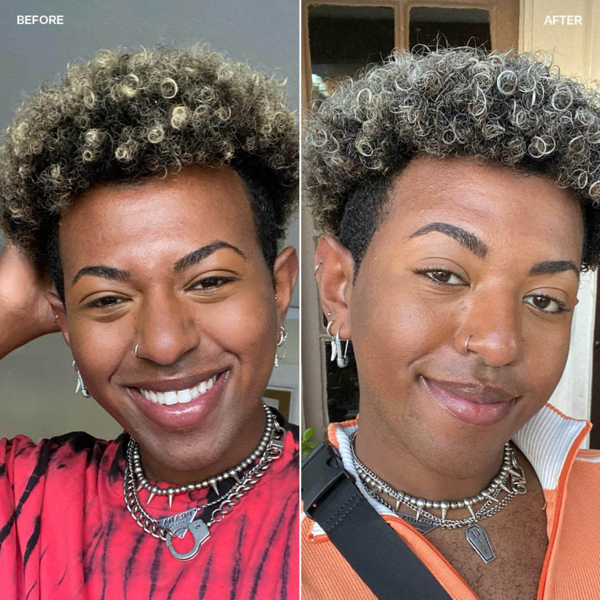 oVertone before and after images showing cooler, toned hair with Stormy Sterling