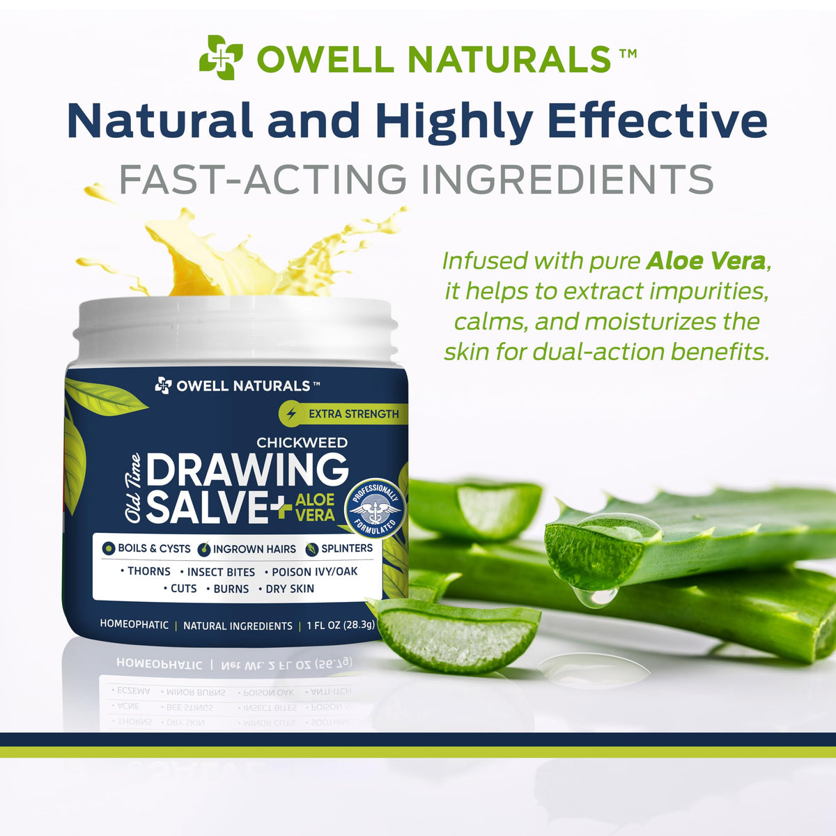 Owell Naturals ingredients bowl with chickweed, aloe vera and oils suggesting natural formulation