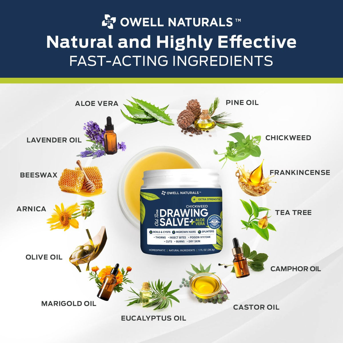 Owell Naturals jar label close-up showing ingredients list and made in USA reassurance