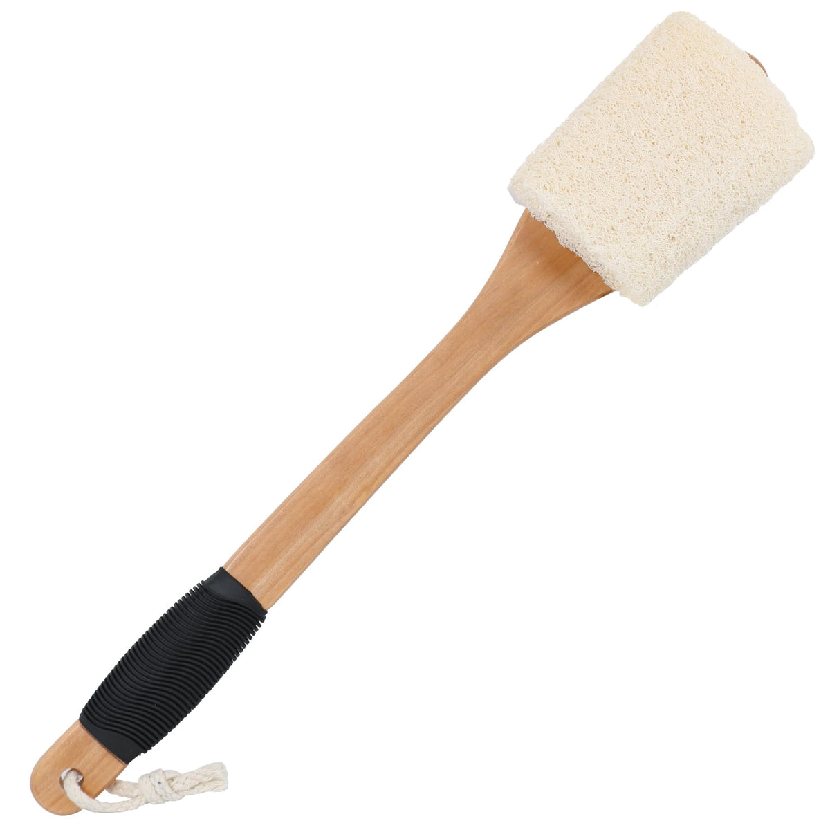 OWIIZI front view of back loofah brush showing full handle and head, easy reach