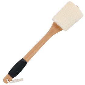 OWIIZI front view of back loofah brush showing full handle and head, easy reach