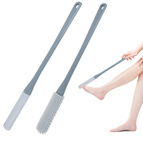 OWIIZI front view of 15.7-inch foot scrubber showing handle and brush benefits