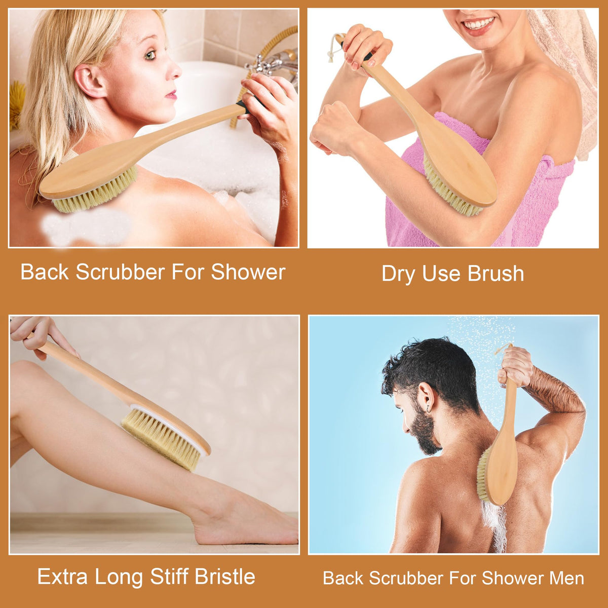 OWIIZI brush in use on a back in shower showing improved reach and comfort
