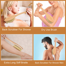 OWIIZI brush in use on a back in shower showing improved reach and comfort