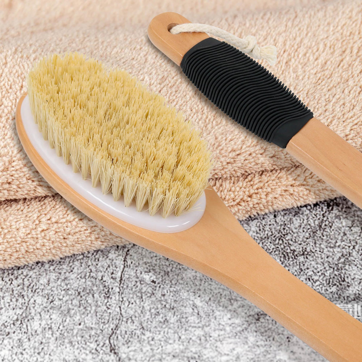 OWIIZI lifestyle image in bathroom showing gentle body exfoliation routine