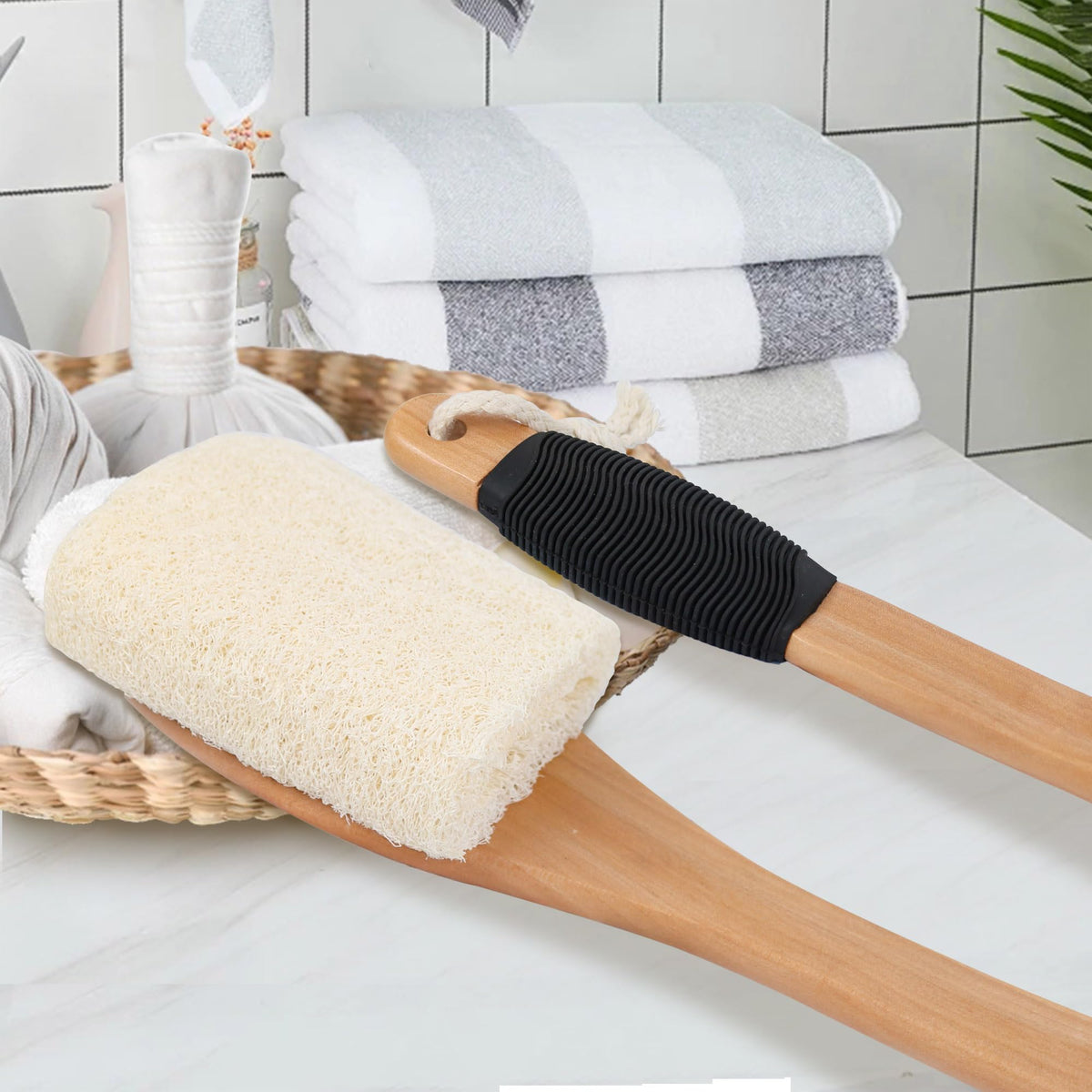 OWIIZI lifestyle bathroom scene with brush on shelf, stylish natural look