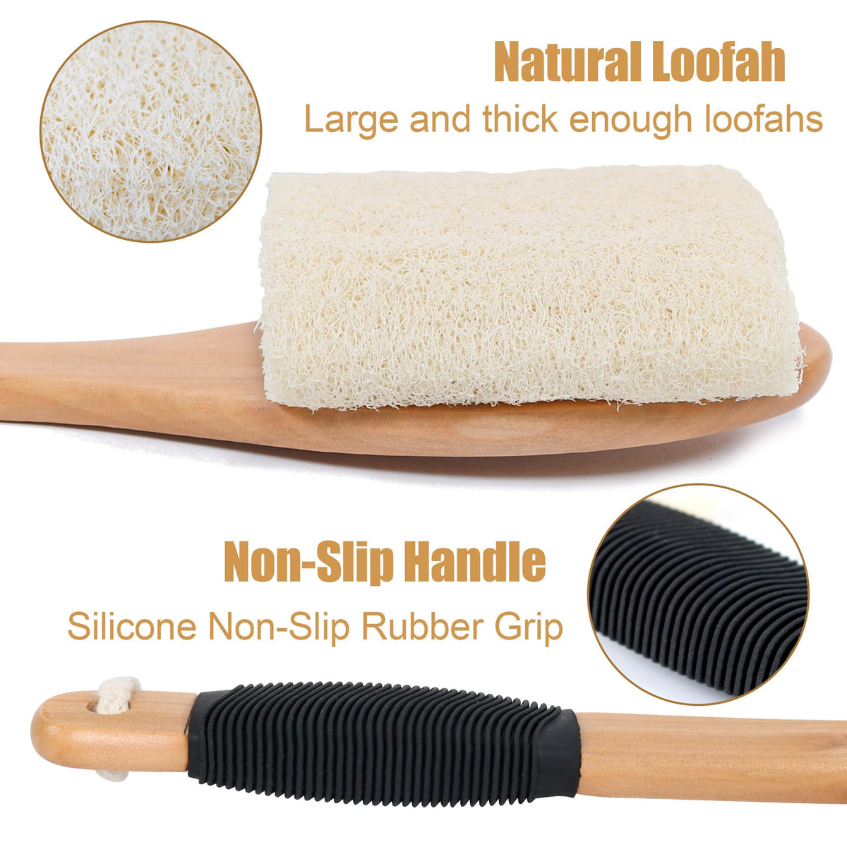 OWIIZI natural loofah head texture close-up, effective gentle exfoliation