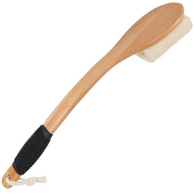 OWIIZI wooden curved handle close-up with rubber grip, secure shower hold