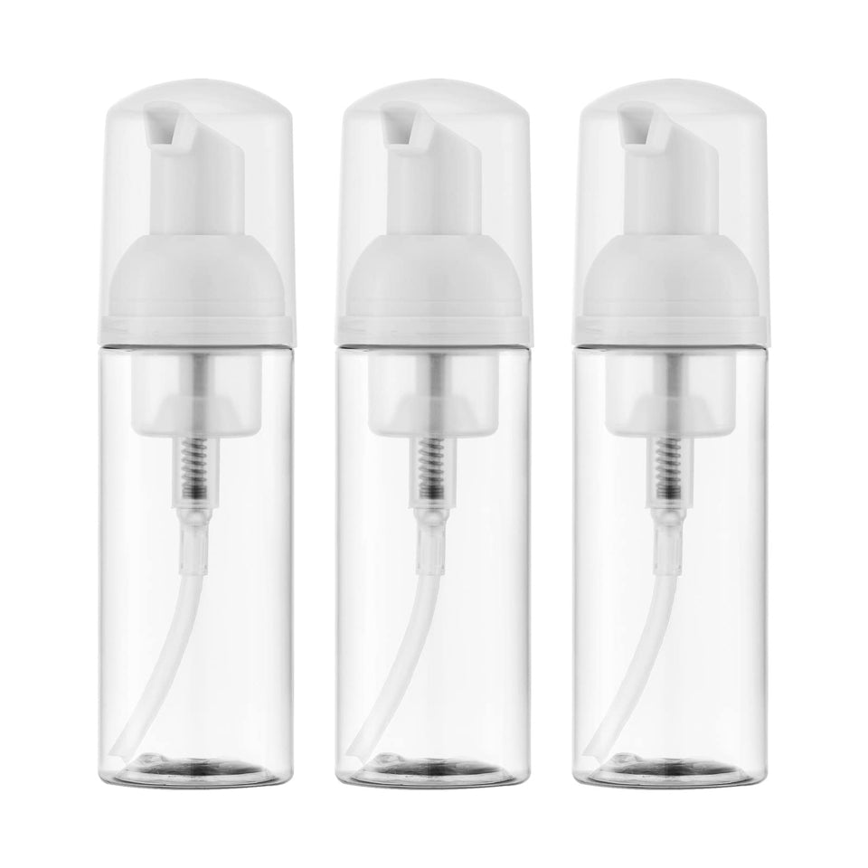 owlyee front view of 3-pack clear foaming bottles showing compact design and travel readiness