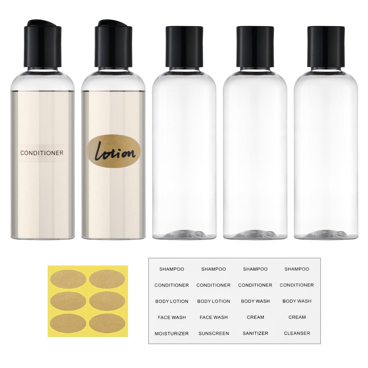 owlyee front packaging showing five clear travel bottles and labels for easy packing
