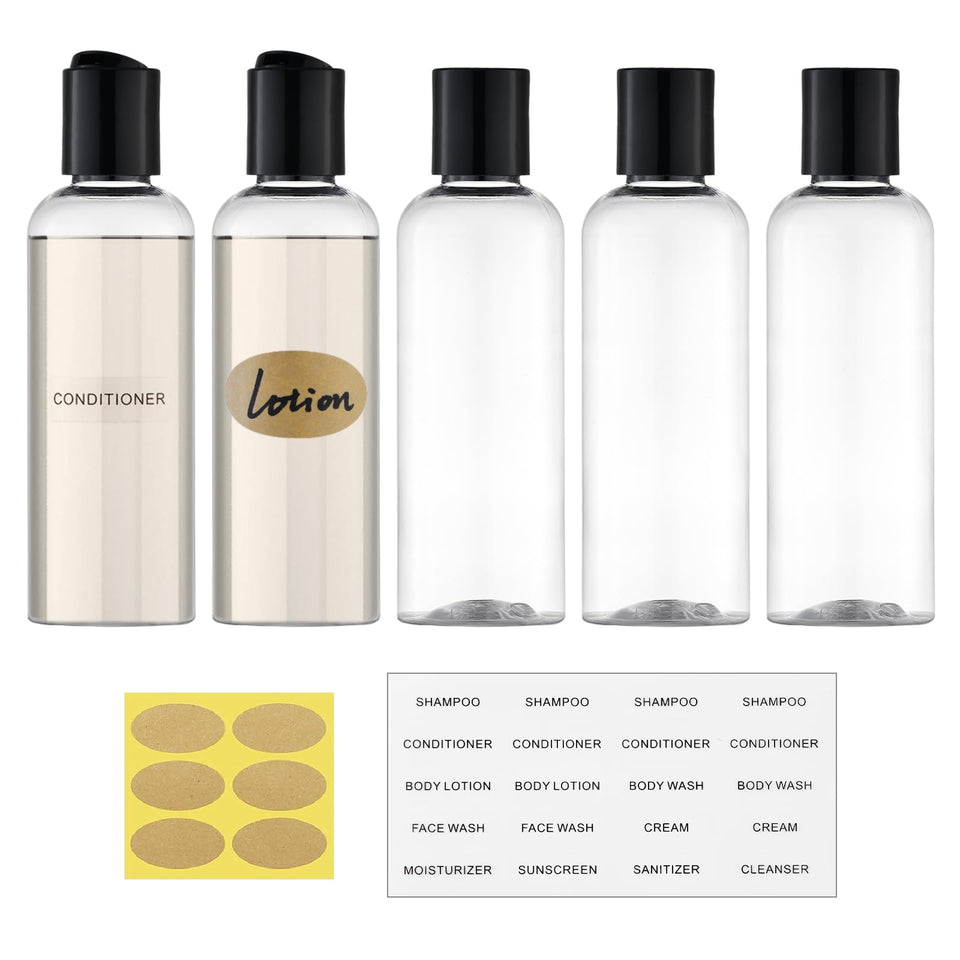 owlyee front packaging showing five clear travel bottles and labels for easy packing