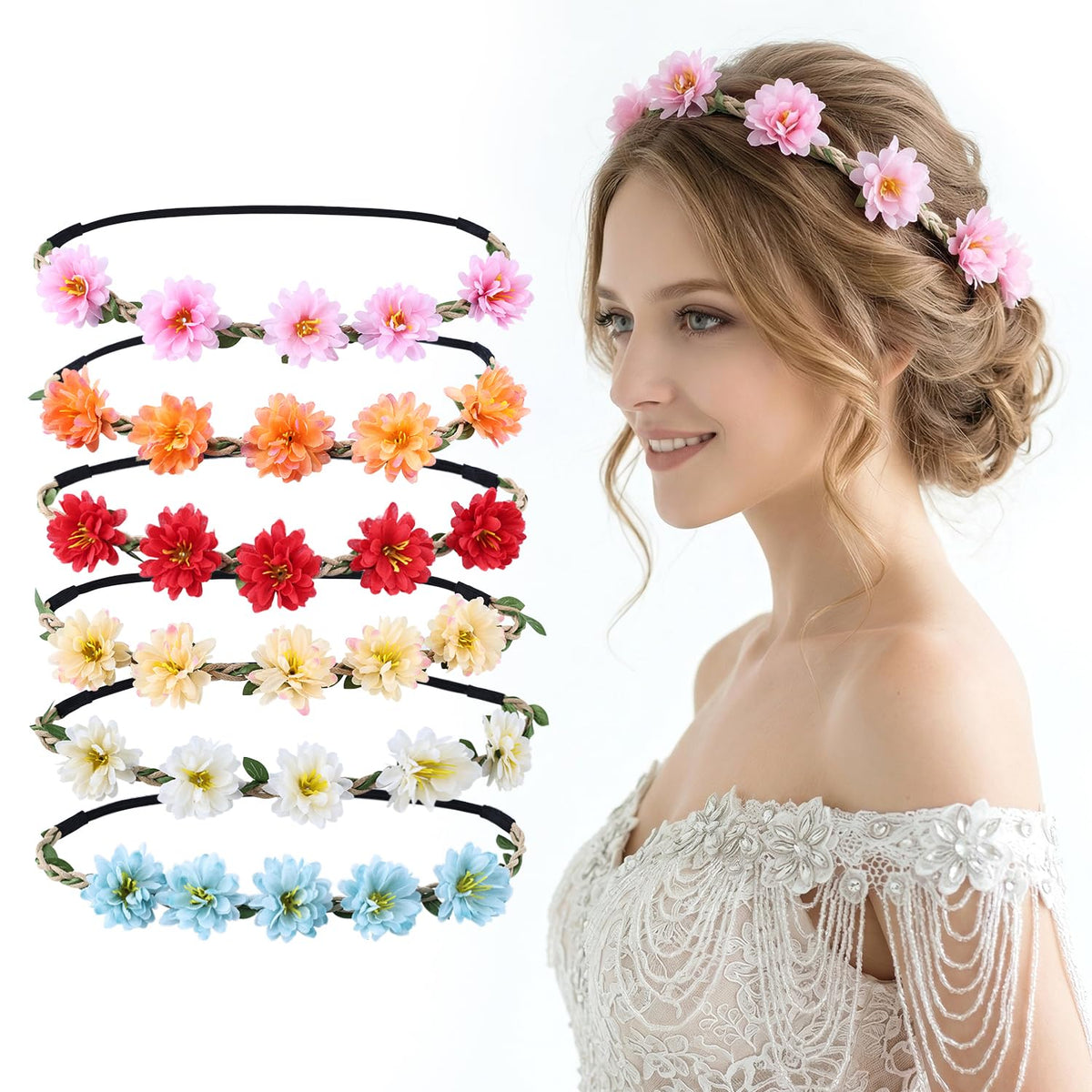 ownoxy front view of six flower crowns neatly arranged showing color variety and styling benefit