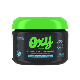 Oxy front packaging showing product and 55 pads, clear acne treatment benefit