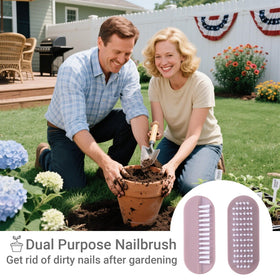 OYEWALLS nail brush held in hand to show compact size and comfortable grip