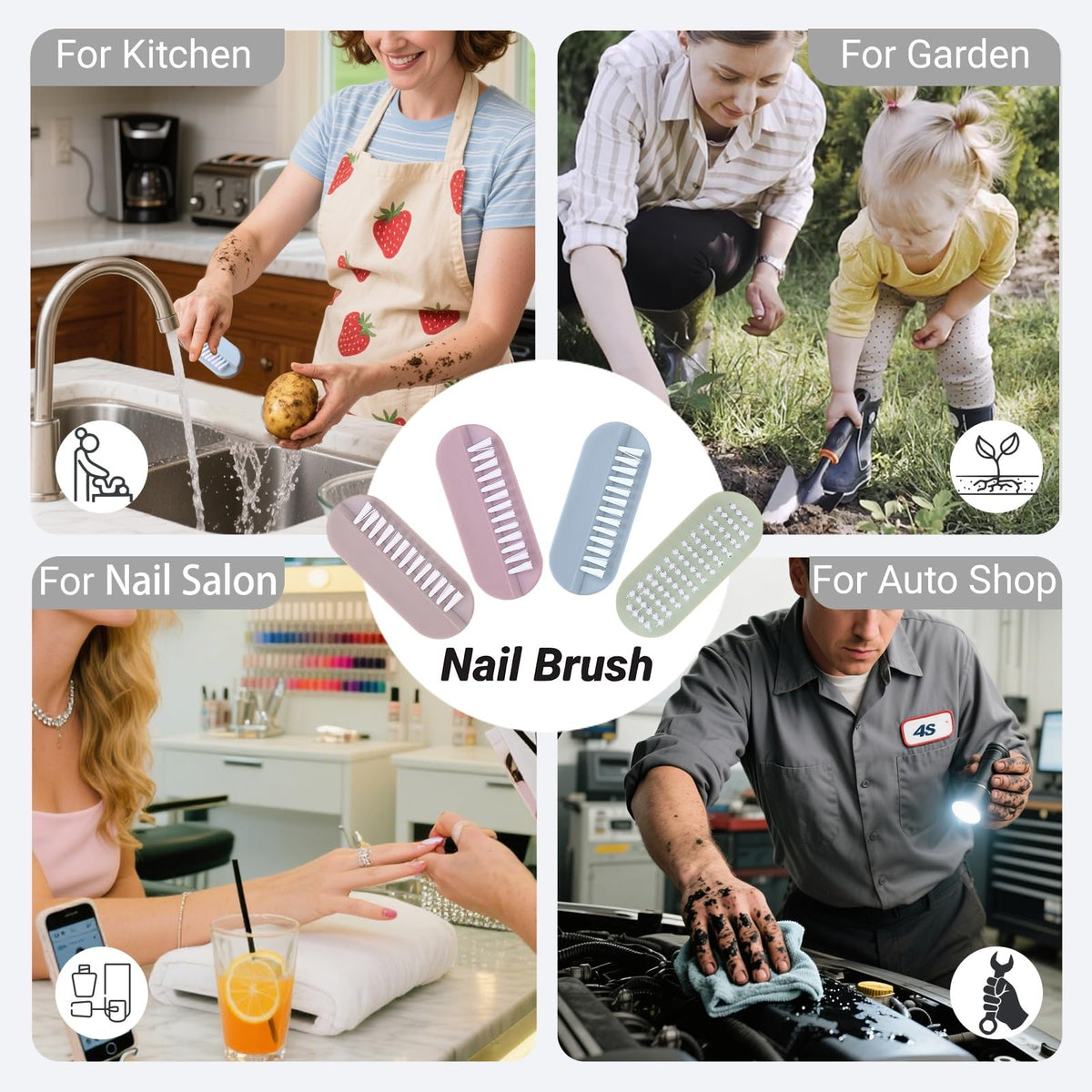 OYEWALLS two-sided nail brush closeup showing soft and stiff bristles for versatile cleaning