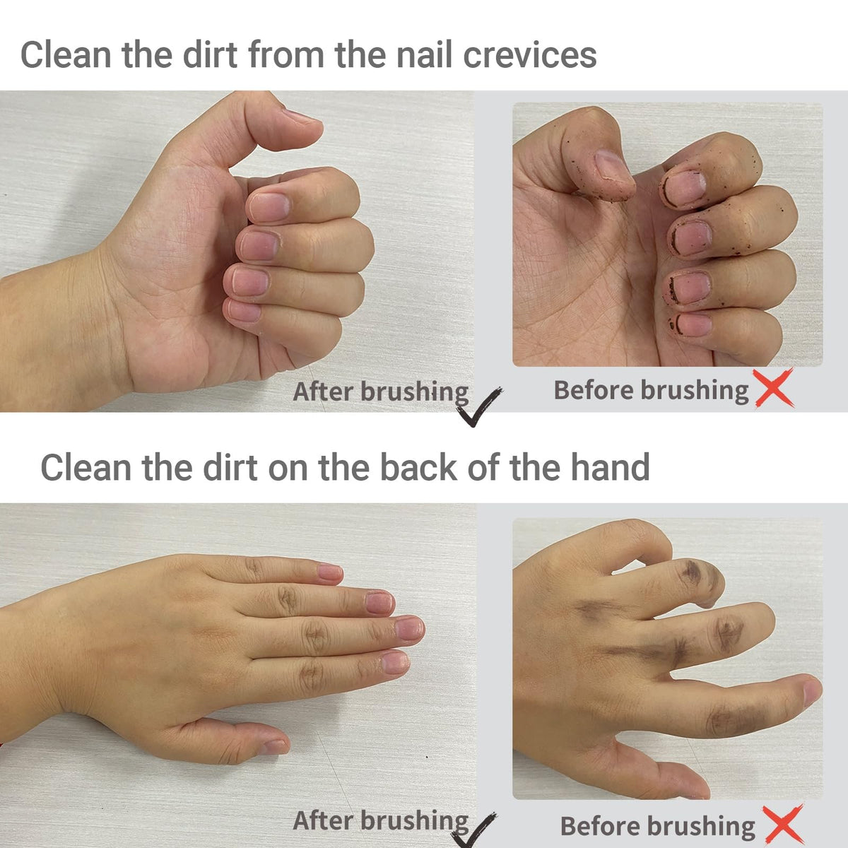 OYEWALLS brush cleaning under a fingernail demonstrating effective debris removal