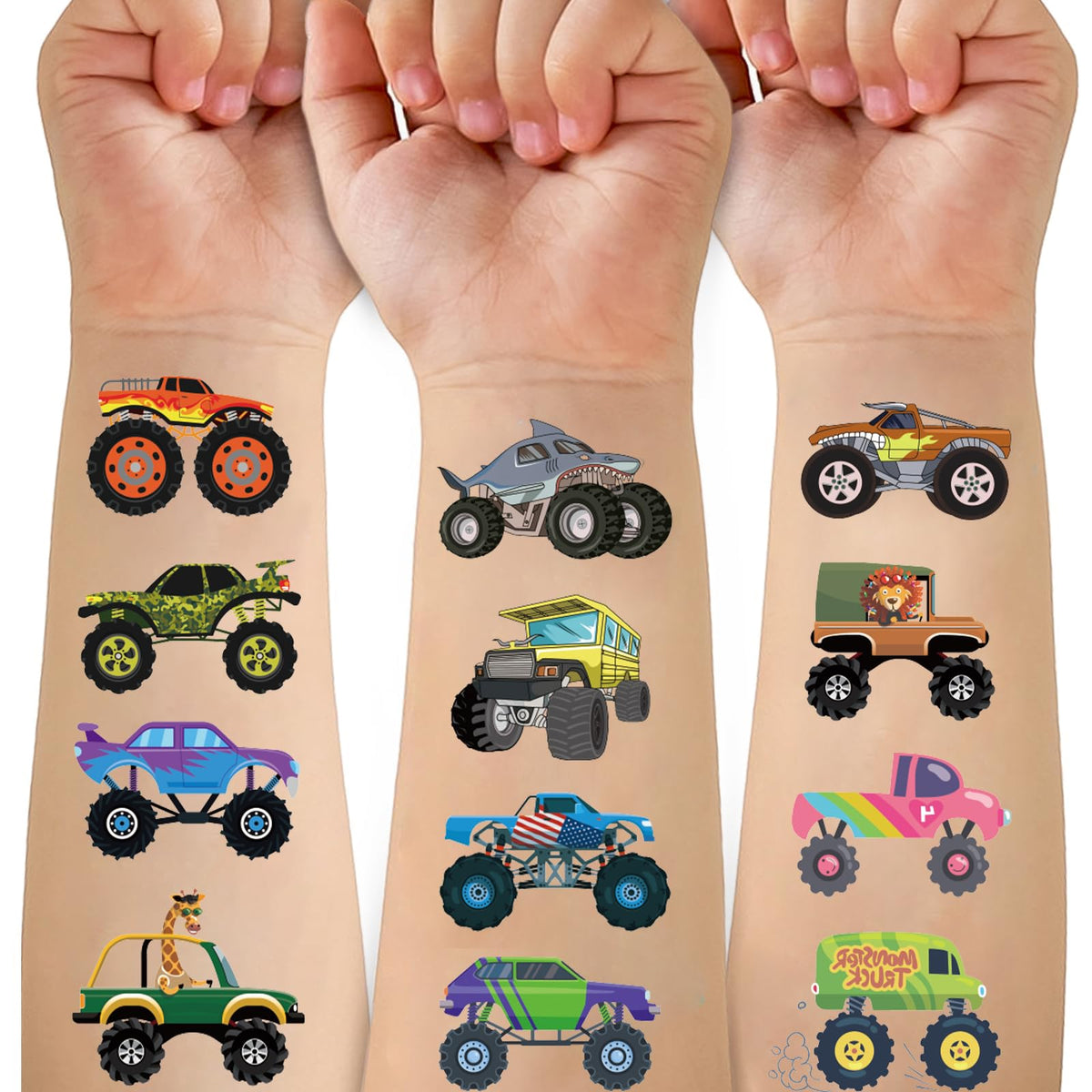 Ozepao front packaging showing 10 sheets and playful monster truck art for easy party setup