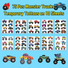 Ozepao close-up sheet detail showing multiple monster truck designs for colorful variety