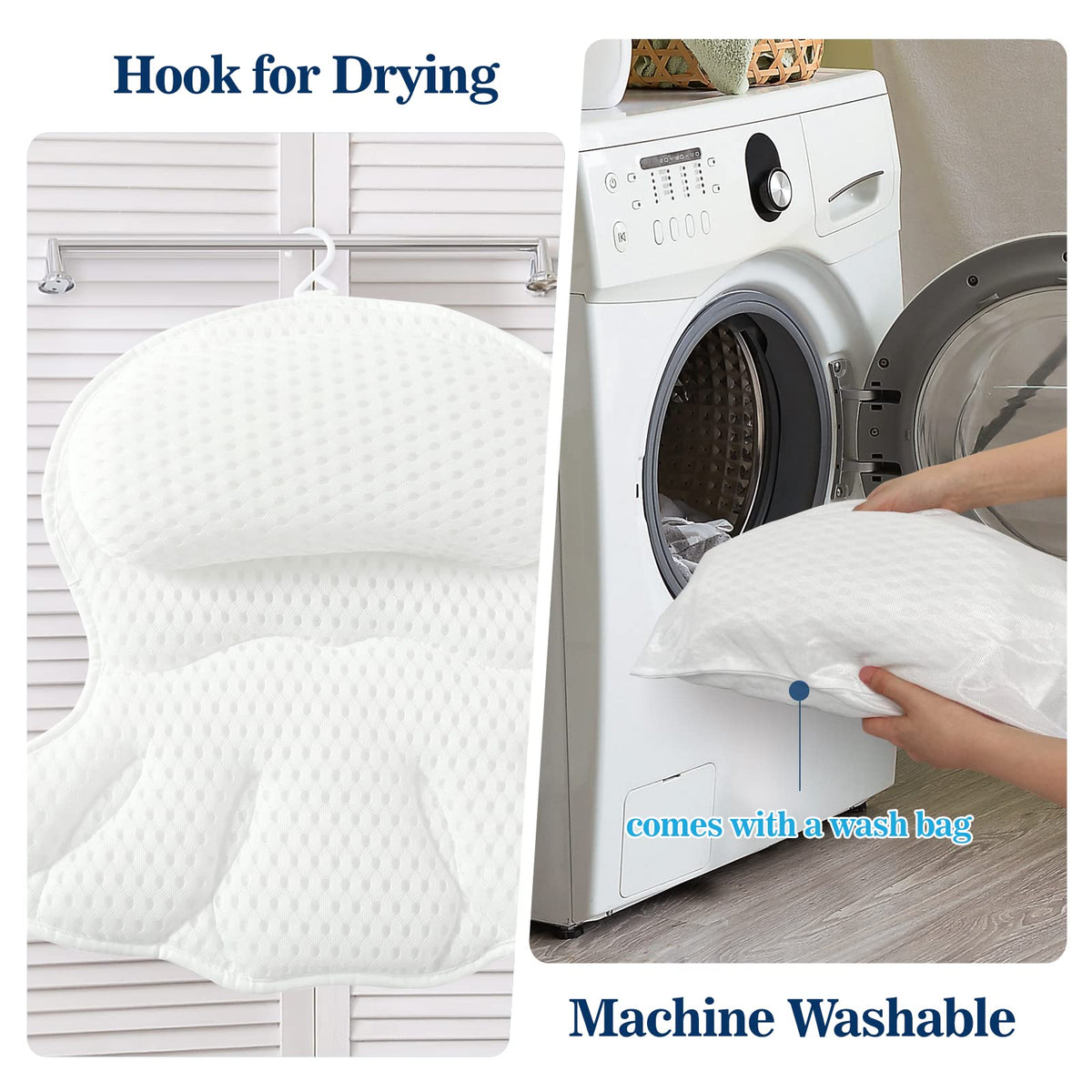 Ozyalo pillow hanging to dry on hook showing easy cleaning and fast drying