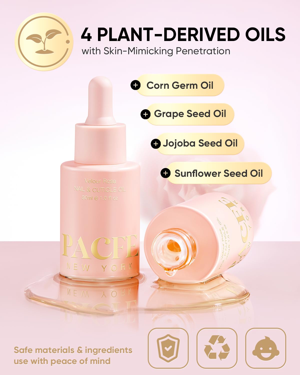 PACFE Velour Rosa label close-up listing plant oils and vitamin benefits