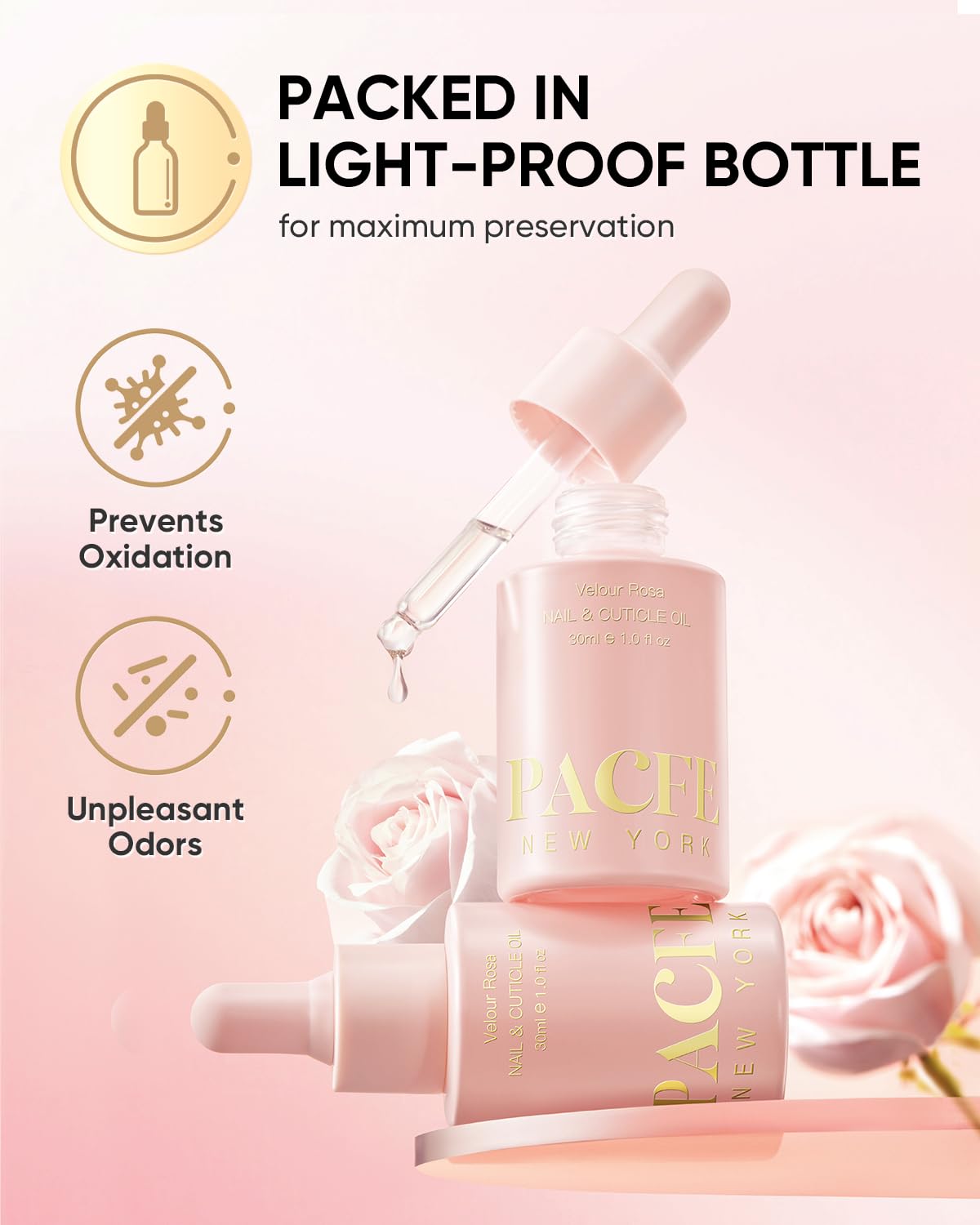 PACFE Velour Rosa alongside common items showing 1.0 fl oz size and portability