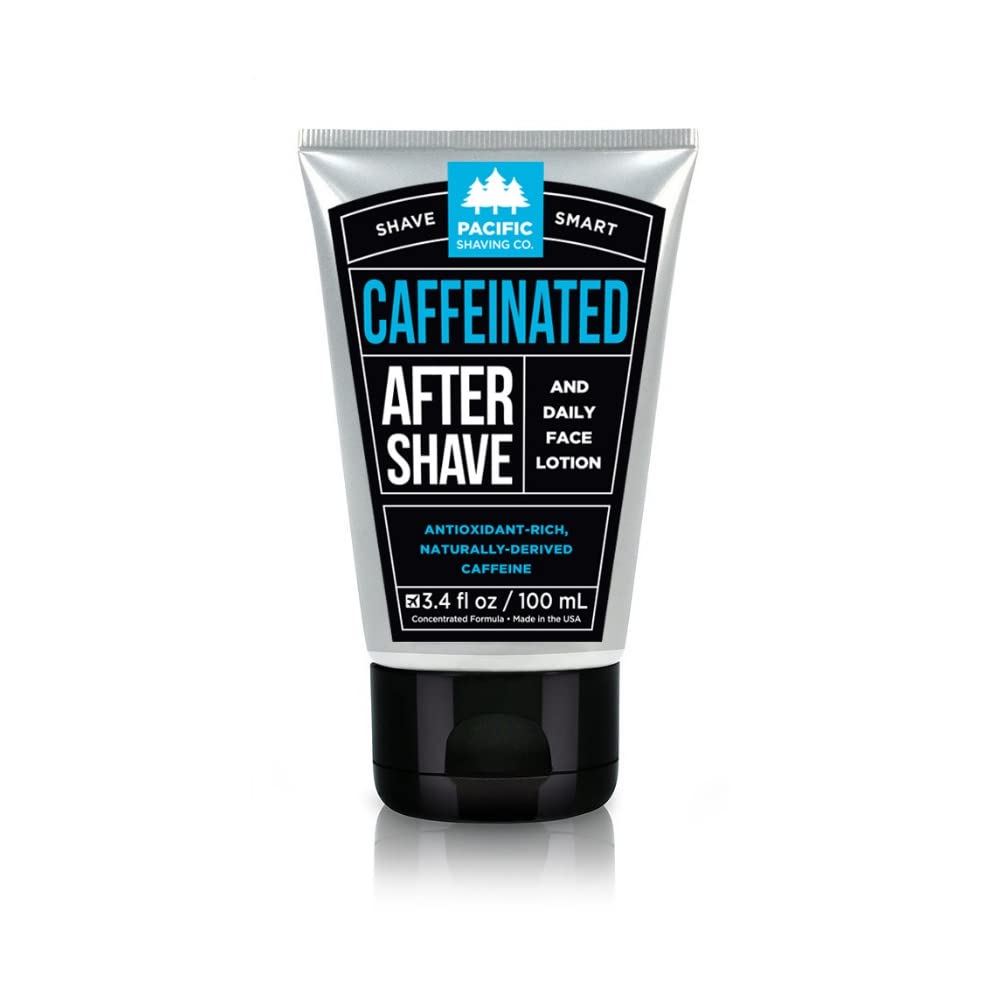Pacific Shaving Company aftershave front packaging shows calming, caffeinated formula